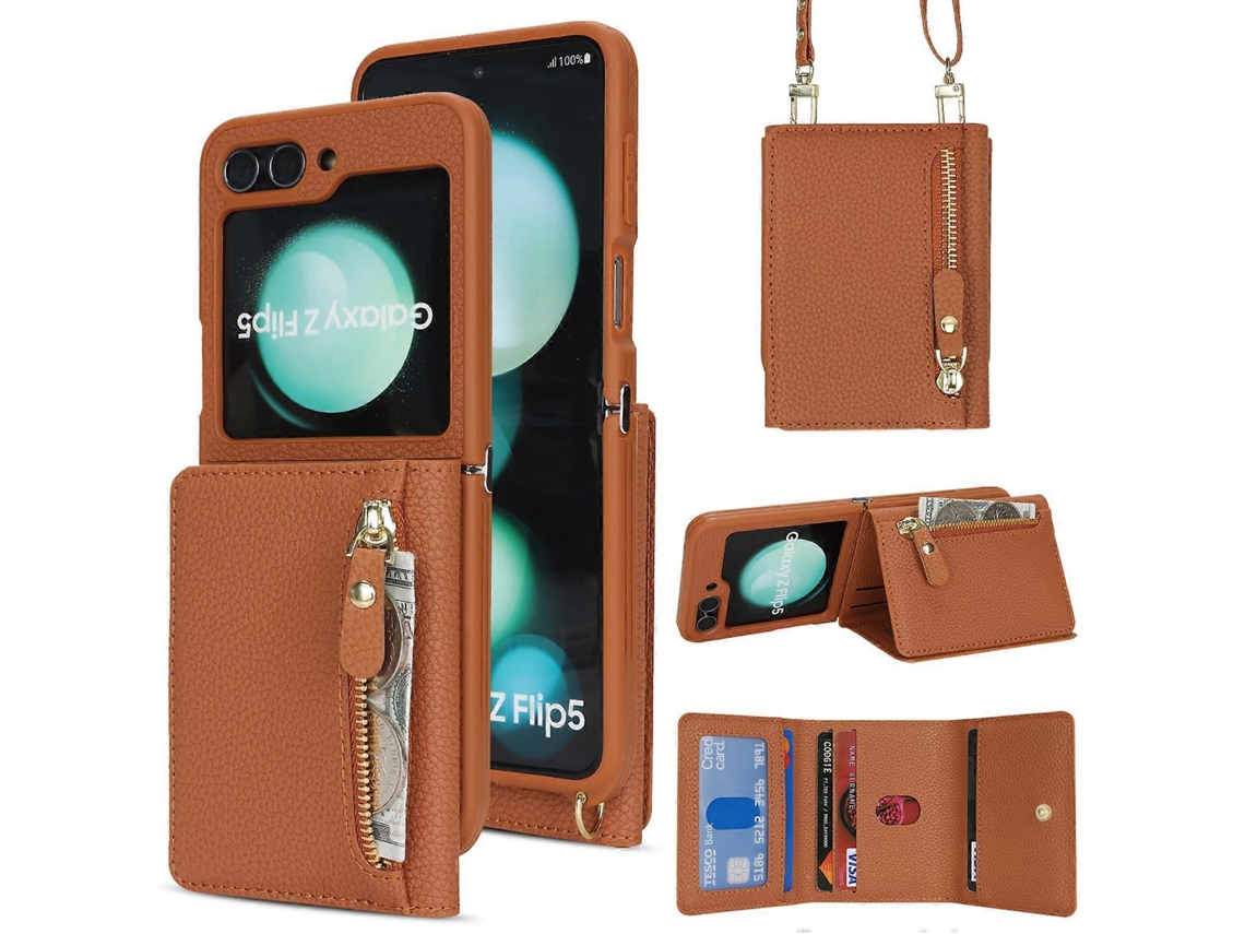 Capa Tkdaddy Para Samsung Galaxy Z Flip5 5g Com Suporte Para Cartão E Textura De Lichia, Capa De Telefone De Tpu Com Alça Longa Marrom