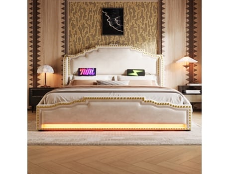 Cama Estofada 160×200, 4 Gavetas, Veludo, Bege, Sem Colchão.