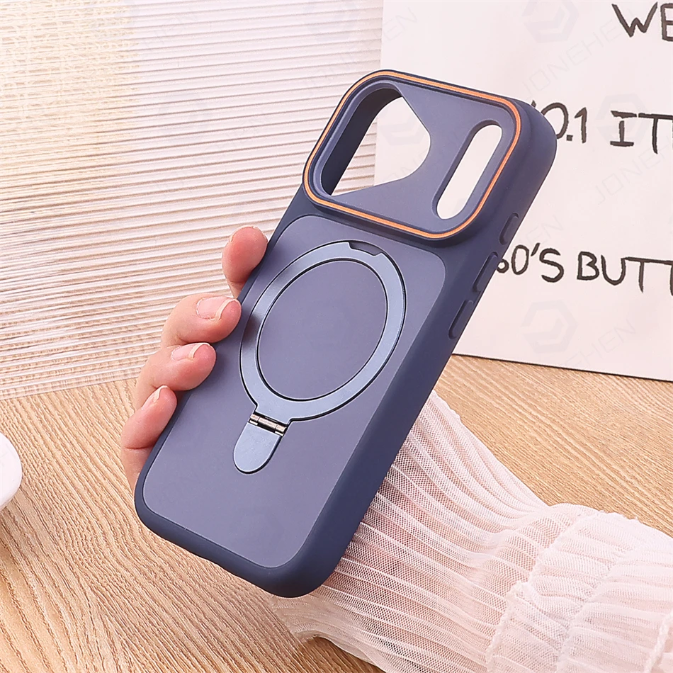 Capa Para Celular (azul Para Iphone 15) Com Moldura Magnética Macia, Suporte De Anel De Metal, Cor Sólida.