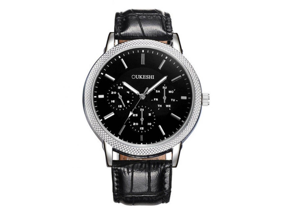 Reloj De Pulsera Analógico Para Hombre Con Correa Pu, Movimiento De Cuarzo, Estilo Casual Y Negro