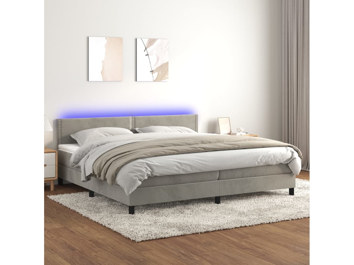 Cama Box Spring C/ Colchão/led 200x200 Cm Veludo Cinzento-claro
