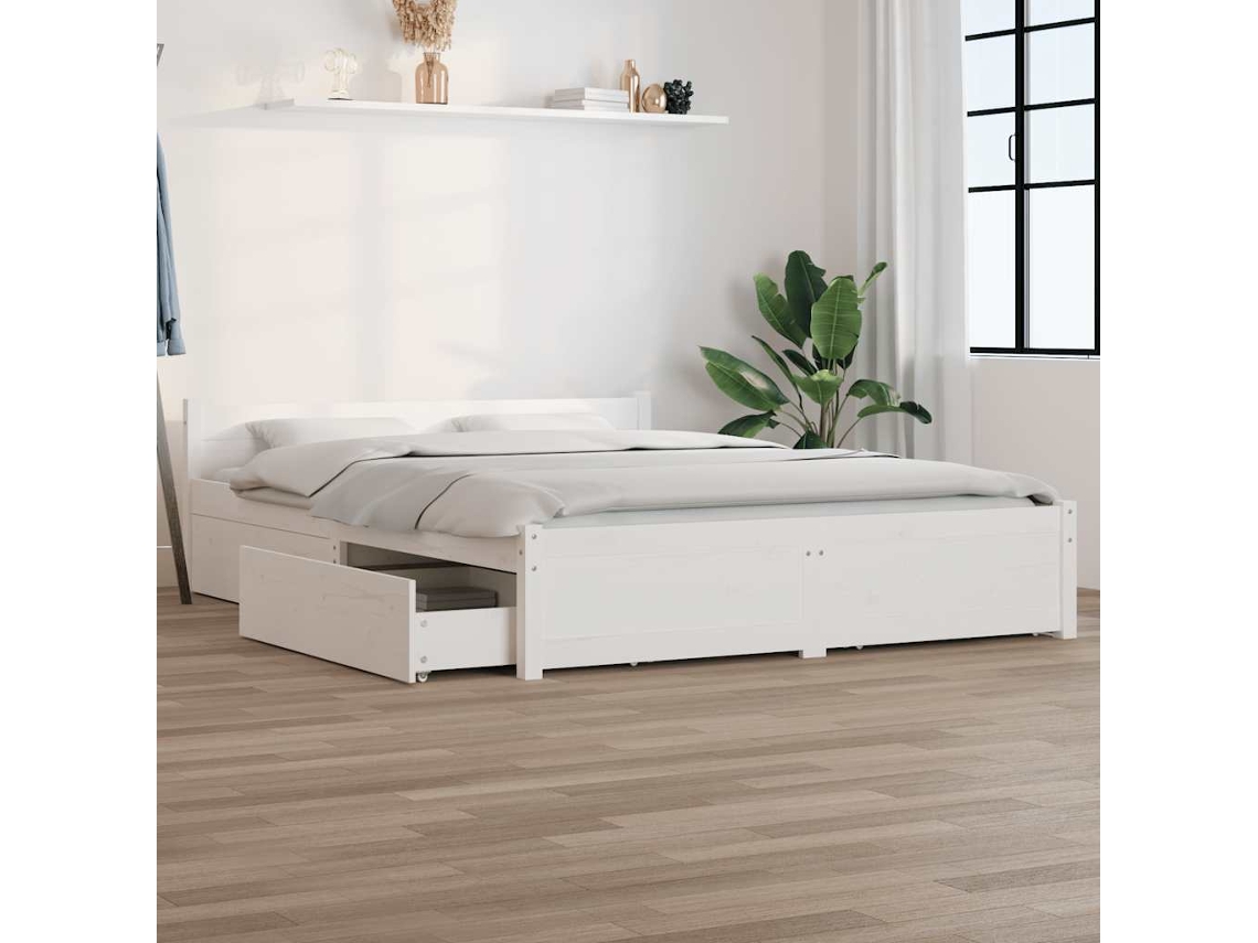 Vidaxl Estrutura De Cama Com Gavetas 135x190 Cm Casal Branco