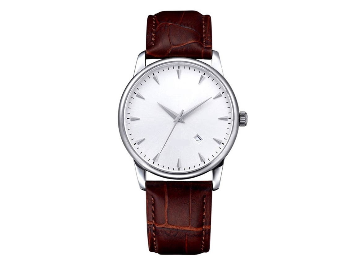 Relógio de Pulso Masculino Quartz com Movimento Importado Prateado Branco com Cinto Marrom