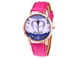 Relógio de pulso estudantil com pulseira de PU, estampa de cisne e coração, quartzo vermelho e rosa.