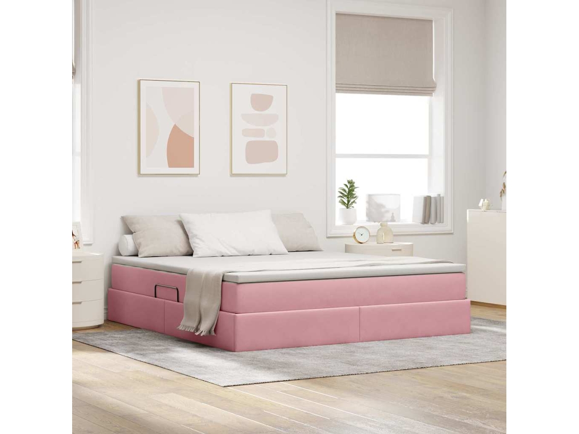 Vidaxl Cama Com Arrumação E Colchão Rosa 160 X 200 Cm Veludo