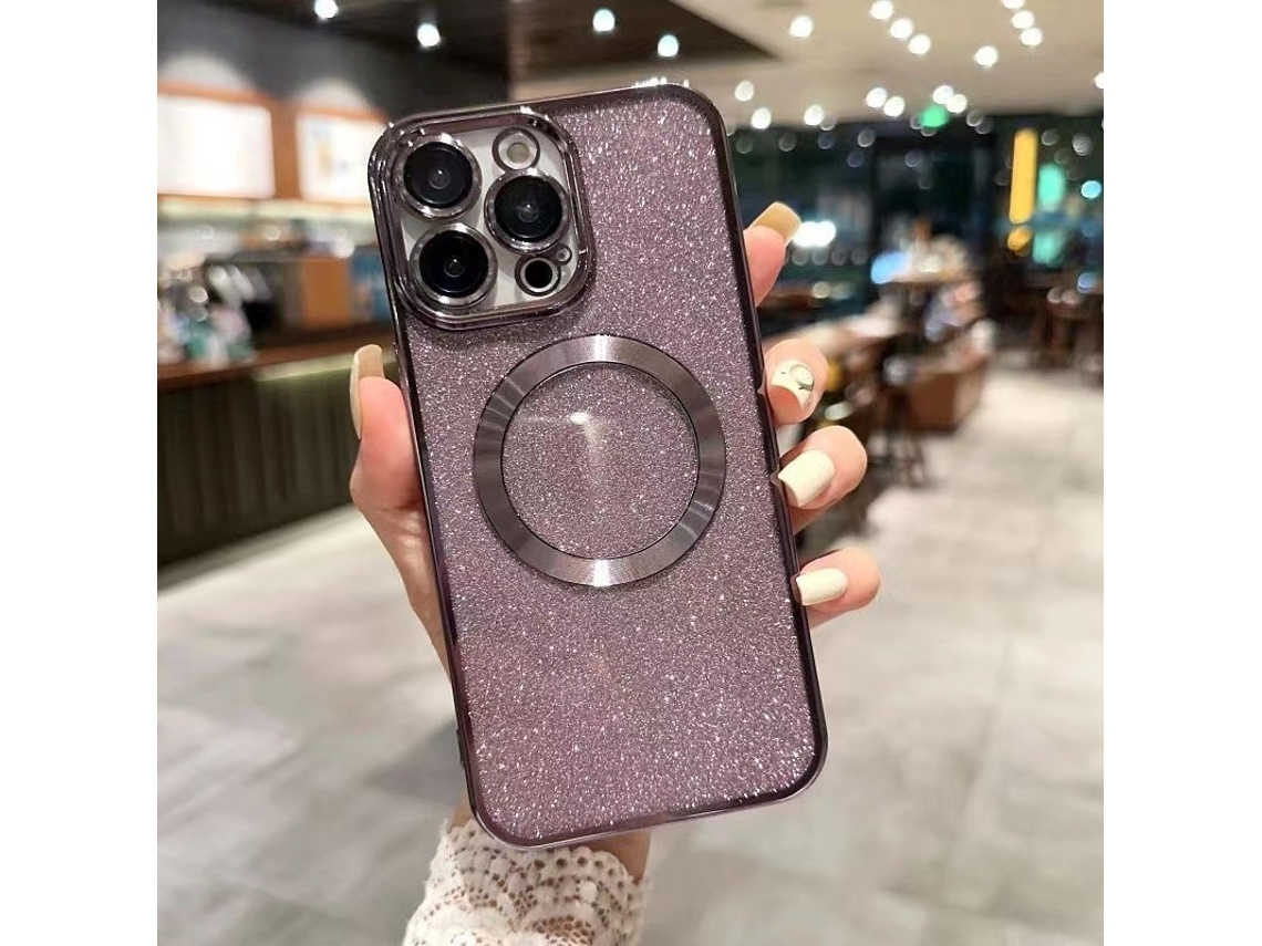Capa Para Iphone 17 Pro Roxa Escura Com Revestimento Magnético E Glitter.