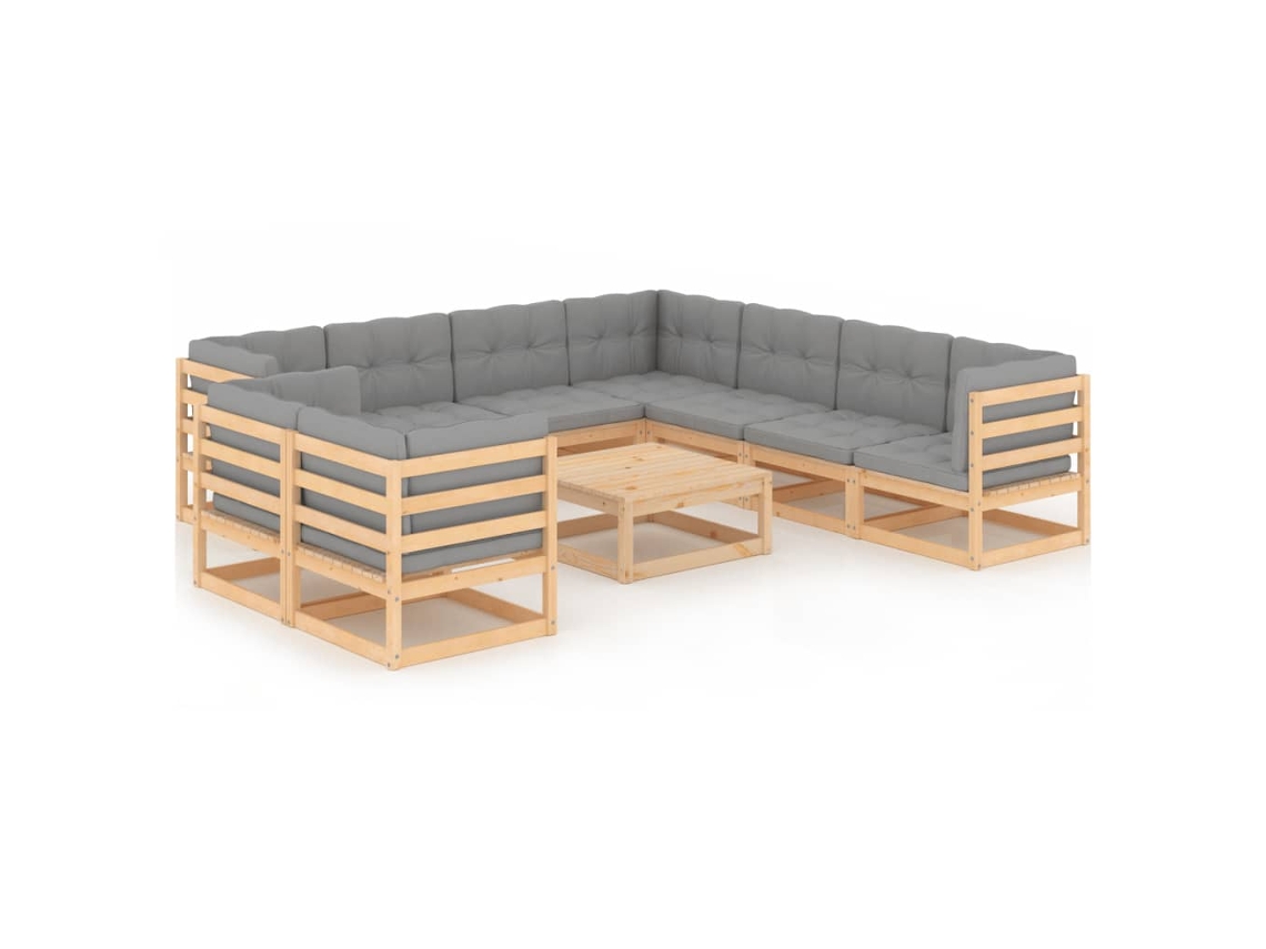 Vidaxl 10 Pcs Conjunto Lounge De Jardim C/ Almofadões Pinho Maciço