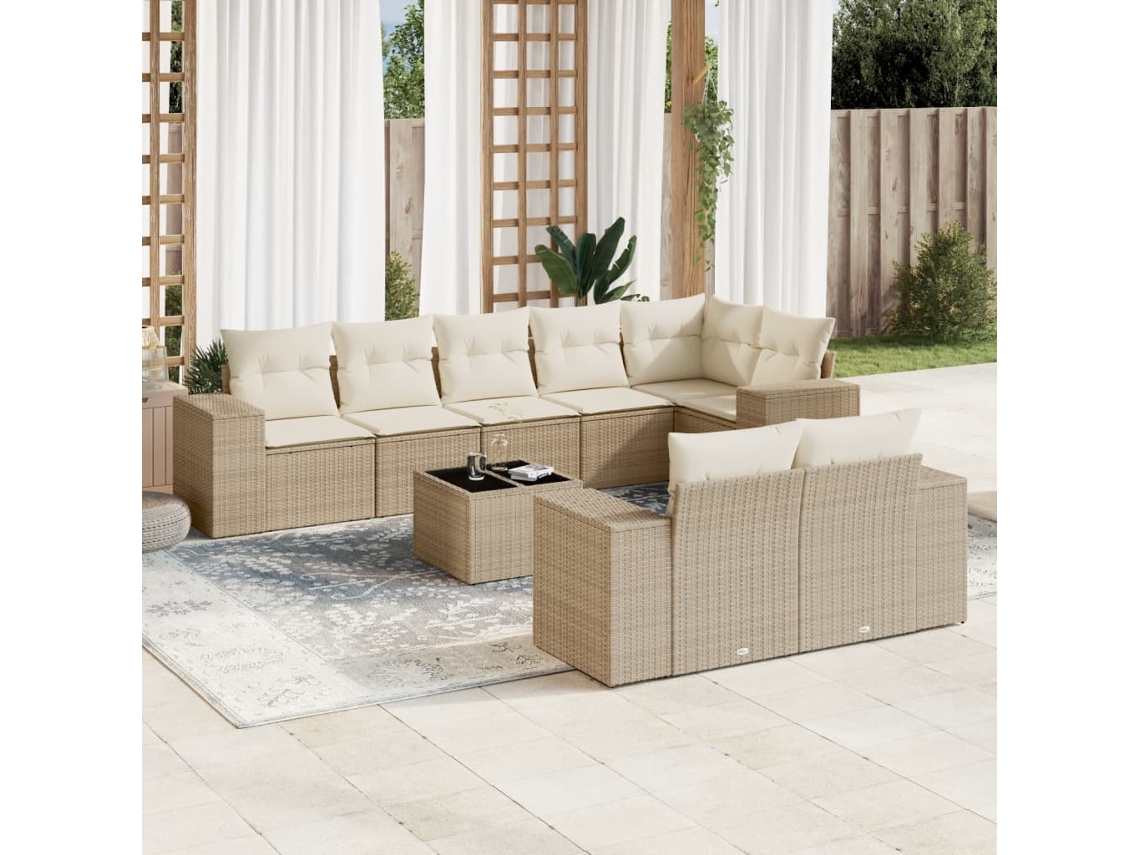 Vidaxl 9 Pcs Conjunto De Sofás P/ Jardim Com Almofadões Vime Pe Bege