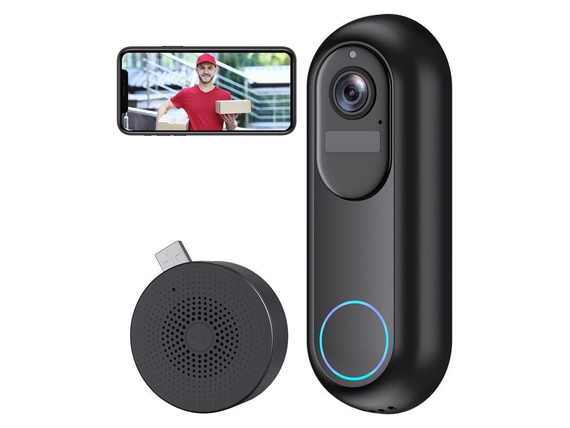 Timbre de Porta Sem Fio com Câmera 1080p, Visão Noturna Ir, Armazenamento Local e Compartilhamento com a Família