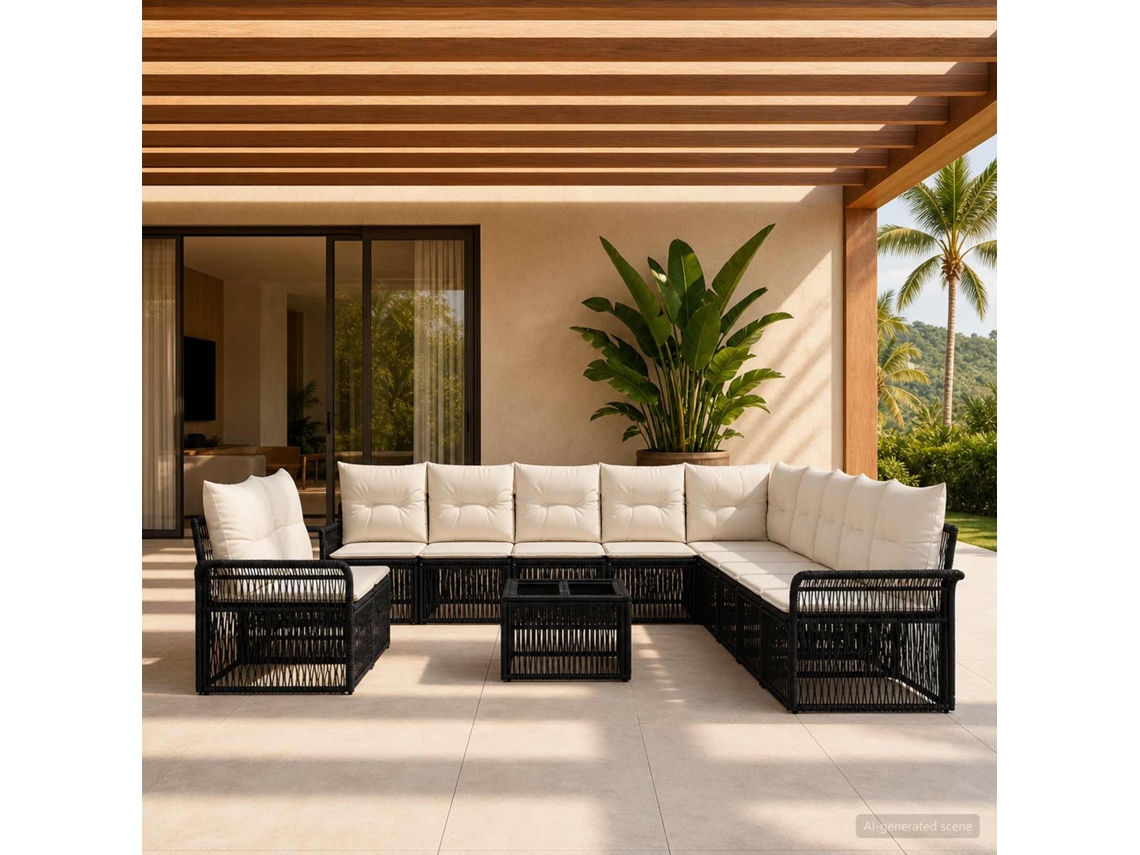 Vidaxl Conjunto De Sofá De Jardim 12 Pcs Preto Vime Pe
