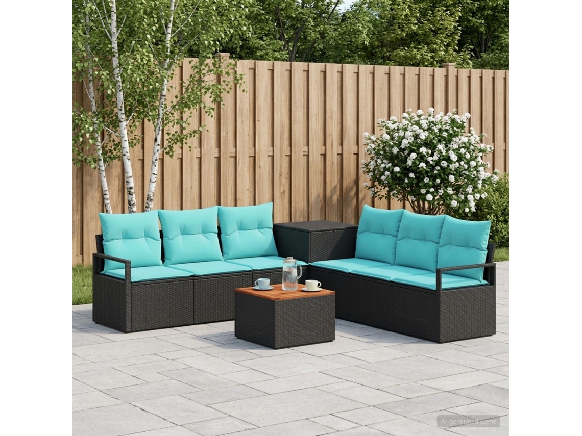Vidaxl Conjunto De Sofás 8 Unid. Preto E Azul Rattan Poliéster E Aço