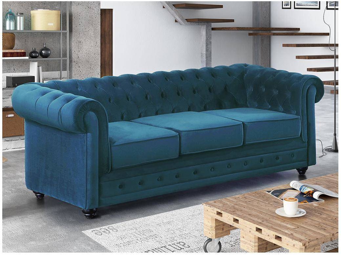 Sofá Fixo Chesterfield VENTEUNIQUE (Azul Esverdeado Tecido e Veludo