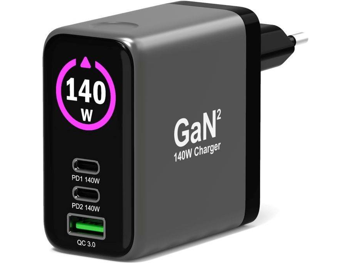 Carregador PORT DESIGNS GaN com Ecrã OLED + Cabo USB-C Connect (140W - Preto)
