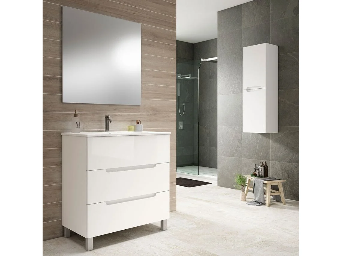 Móveis de casa de banho com lavatório, espelho e aplique LED VICTORIA 100x45 cm acabamento branco fosco 3 gavetas com pés