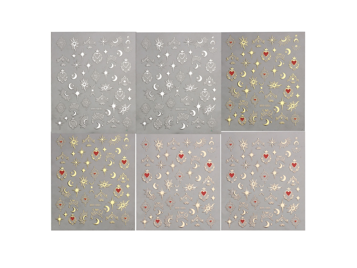6 Adesivos 3D de Arte para Unhas em Dourado Sol Lua e Estrela com Adesivo NEVEANCE