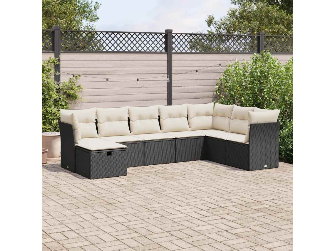 Vidaxl 8 Pcs Conjunto Sofás De Jardim Com Almofadões Vime Pe Preto