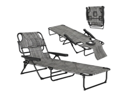 Espreguiçadeira Jardim Dobrável Encosto 4 Níveis Orifício Leitura Apoio Cabeça 145x72x89cm Cinzento ZENCORE SERVICES