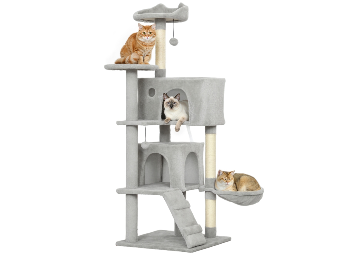 Árvore De Claro Arranhão Gato 140 Cm Com Plataformas Cama 2 Cavernas Rede, Escada Estacas Sisal Cinza