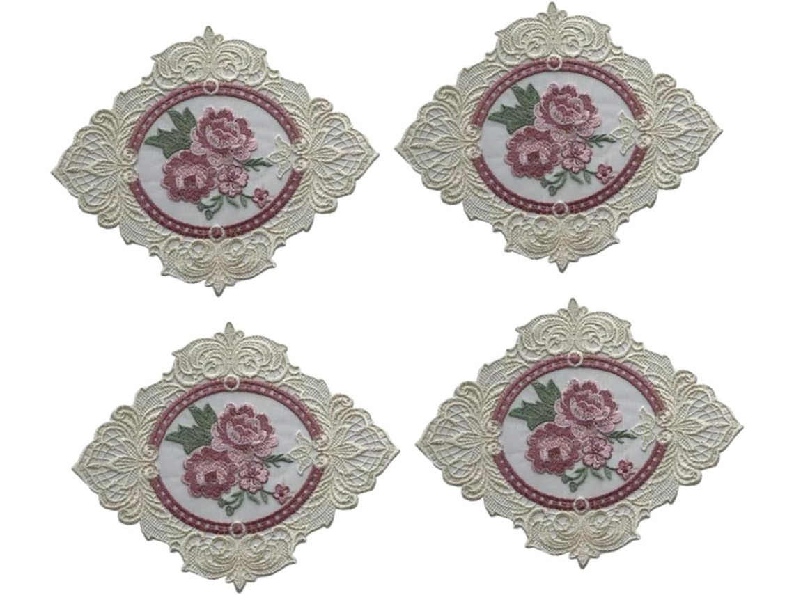 Conjunto De 4 Porta-copos Bordados Com Renda