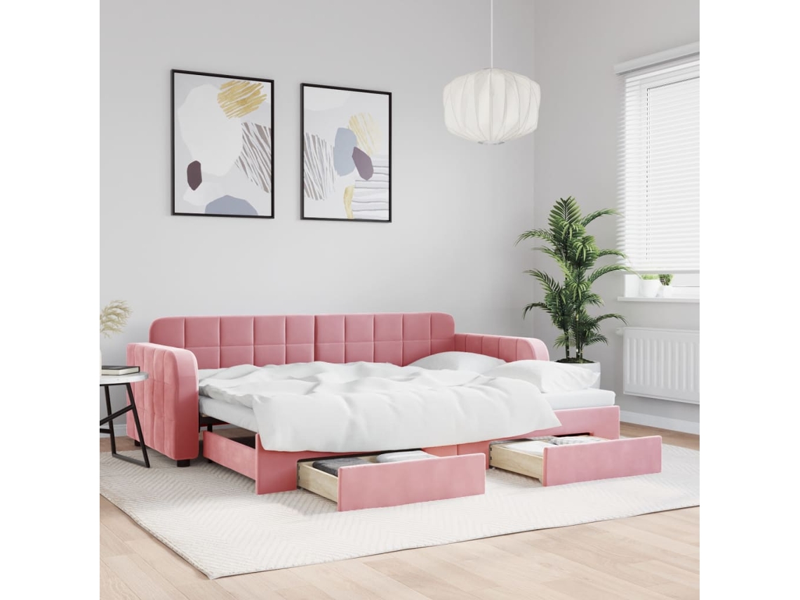 Sofá Cama De Solteiro Com Gavetas Gavetão Lovely Home Madeira Veludo Rosa (80x200)