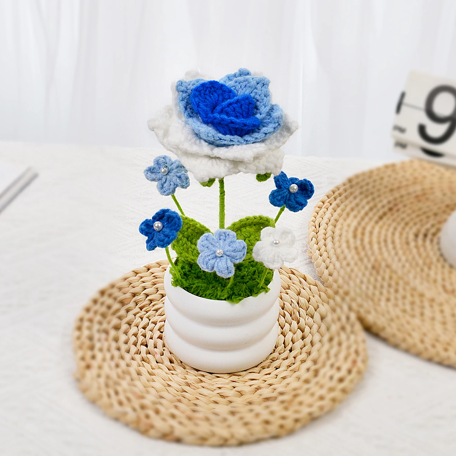 Bonsai De Rosa Azul De Crochê, Vaso De Rosa Azul Tricotado Para Fazer Você Mesmo