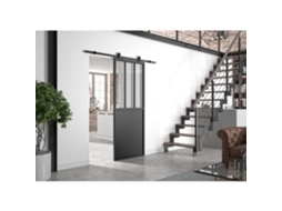 Kit Porta De Correr Optimum Atelier Preto Trilho Aparente 204 X 93 Cm Vidro Transparente