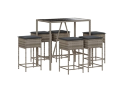 Conjunto 7 de bar p/ jardim c/ almofadões VIDAXL vime PE cinzento