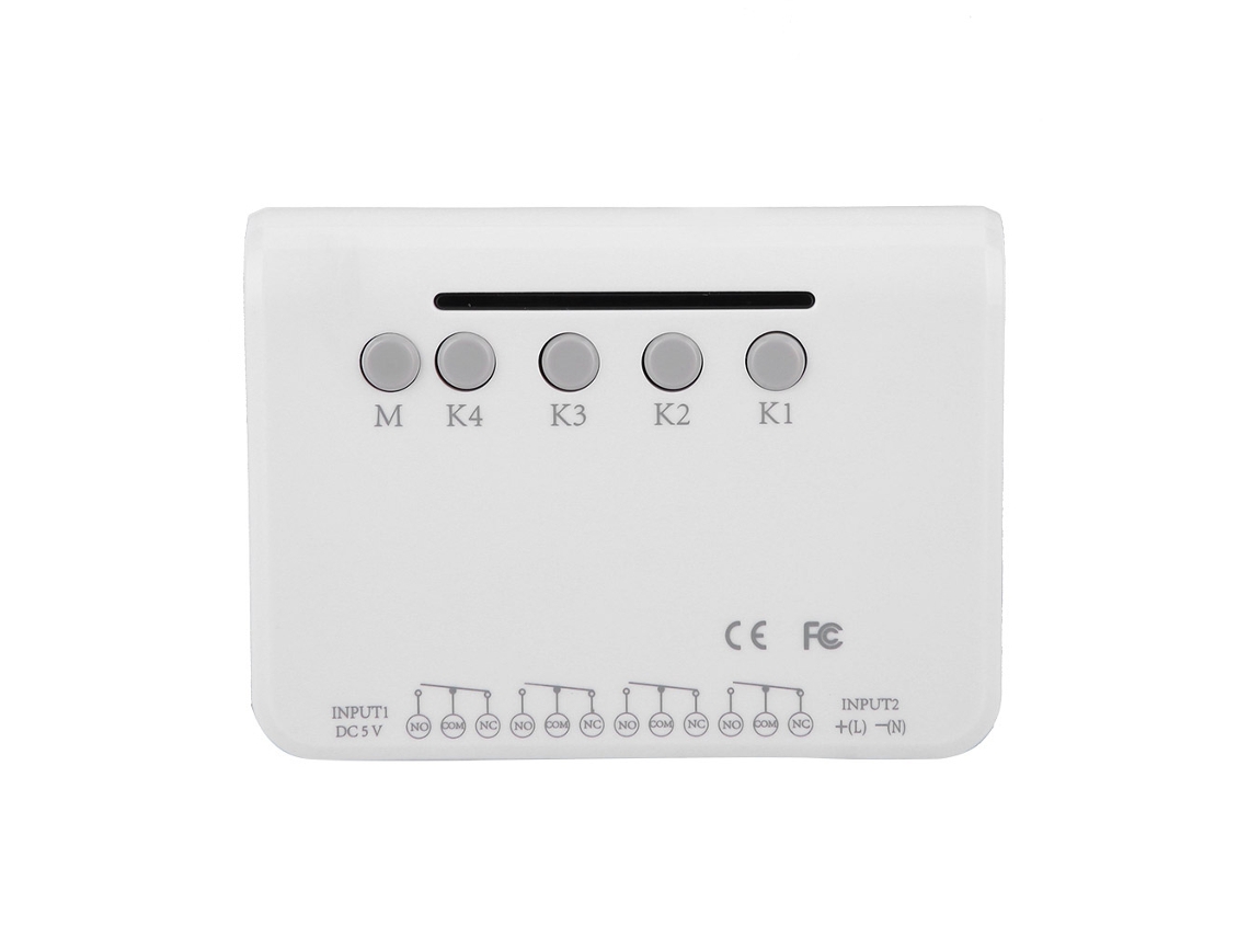 Interruptor inteligente Wi-Fi profissional de 4 canais, com funções de pulso, travamento automático e intervalo, e compatível com controle remoto.