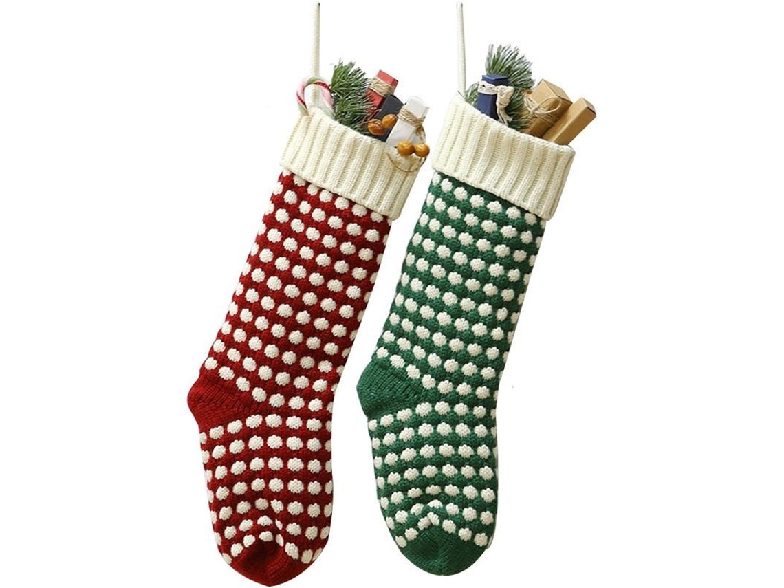 Meias de Natal 18 polegadas únicas em tricot bordo e verde estilo pontos pacote de 2 | S/MARCA
