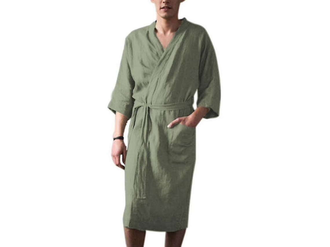 2026-bata De Banho Masculina De Algodão E Linho Com Manga 3/4 Pijama Roupa De Dormir Vvv L Verde