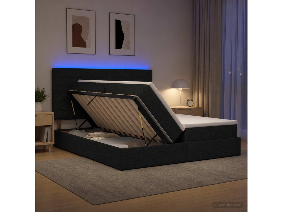 Vidaxl Cama De Armazenamento Led Com Colchão Preto 180 X 200 Cm Tecido