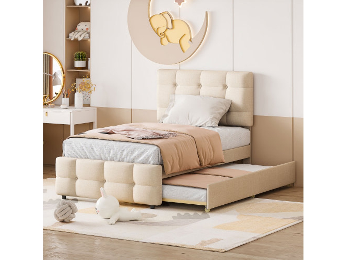 Cama Estofada 90 X 200 Cm, Cama Infantil Retrátil, Cabeceira Ajustável, Estofamento Em Linho Suave Para A Pele, Cama De Solteiro Plana, Cama Infantil