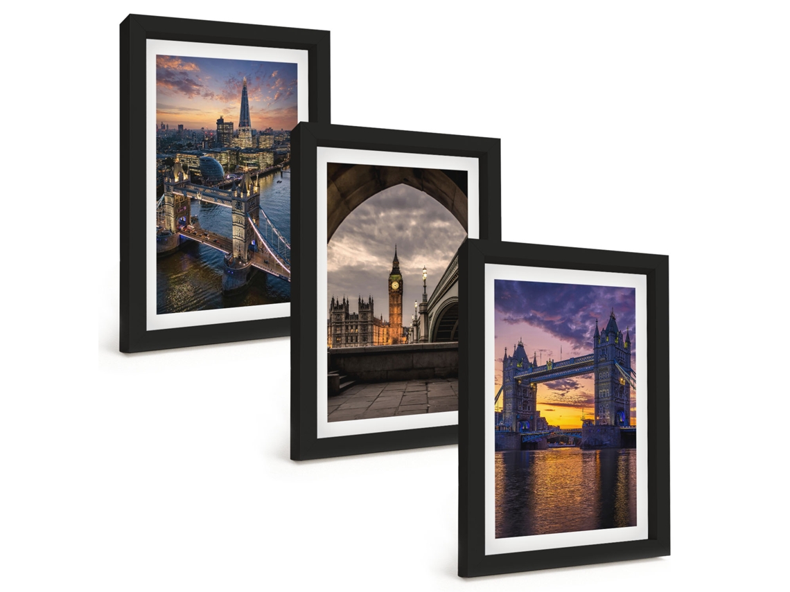 Composição De Quadroscidade, Pontes, Torres De Relógio Moldura Preta Imagens Para Um Quarto Infantil Espelharte (3 Peças 20x30 Cm)
