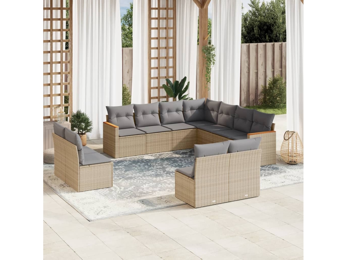 Vidaxl 11 Pcs Conjunto Sofás de Jardim C/ Almofadões Vime Pe Bege