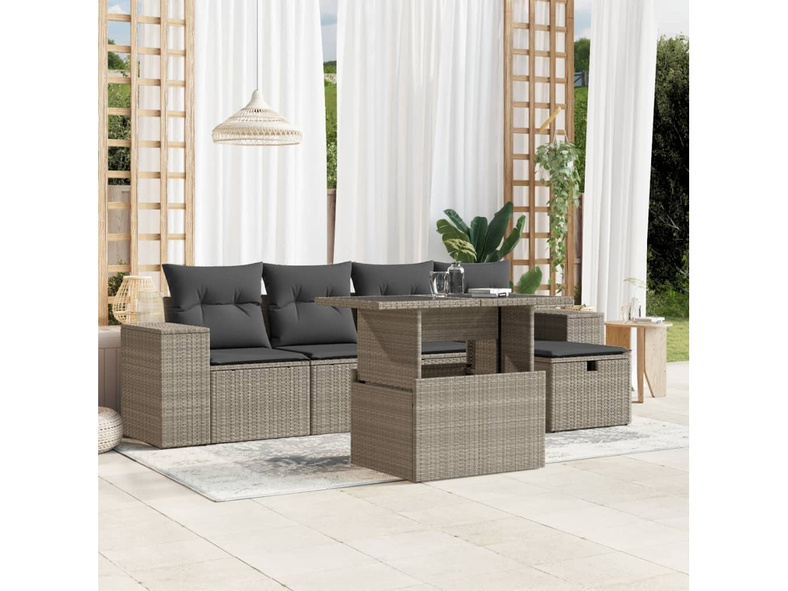 Vidaxl 6 Pcs Conj. Sofás Jardim Com Almofadões Vime Pe Cinzento-claro