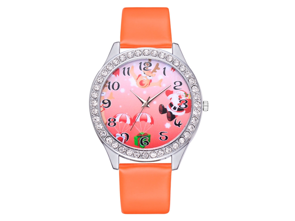 Relógio Feminino Casual de Quartzo com Pulseira Pu Padrão Natalino Bonito Presente (laranja)