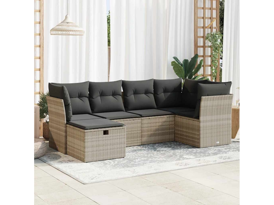 Vidaxl 6 Pcs Conj. Sofás Jardim Com Almofadões Vime Pe Cinzento-claro