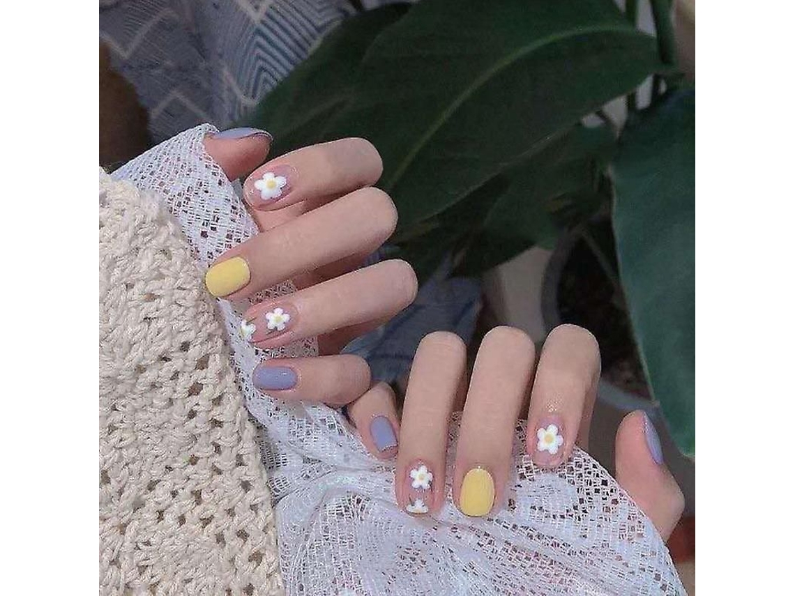 Dicas de Unhas Falsas Artificiais Curtas com Flores Azul e Amarelo para Diy Manicure