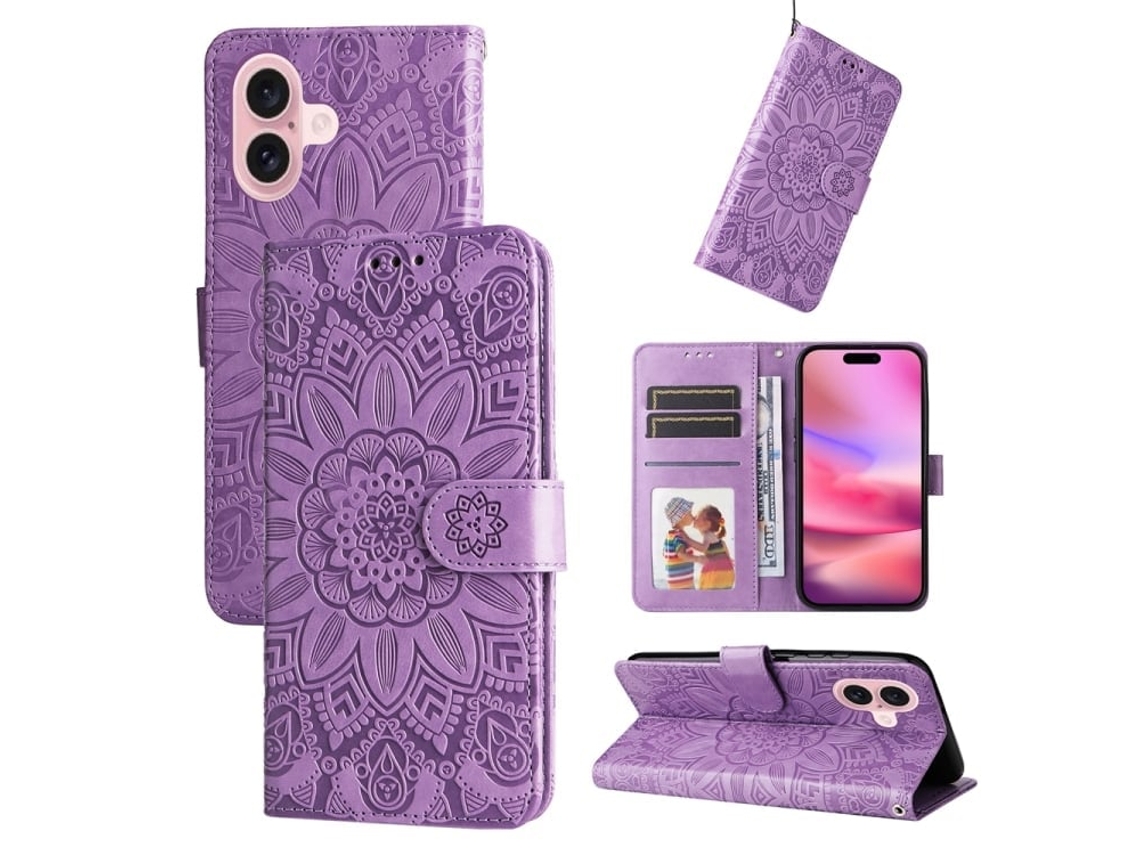 Capa De Couro Para Iphone 16 - Estampa De Girassol Em Relevo