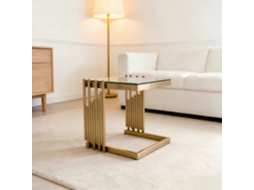 Mesa auxiliar quadrada 41 cm de vidro temperado transparente, estrutura em aço inox dourado NOVELA