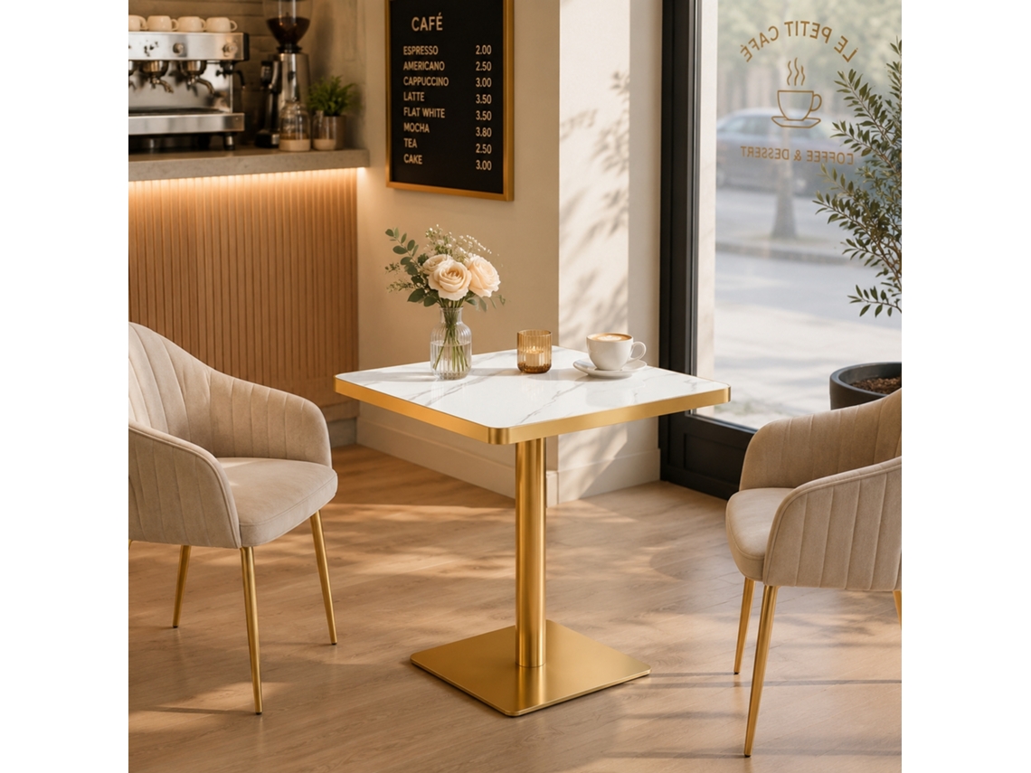 Mesa De Jantar Quadrada Com Tampo Uv Imitação Mármore E Estrutura Metálica Estilo Moderno