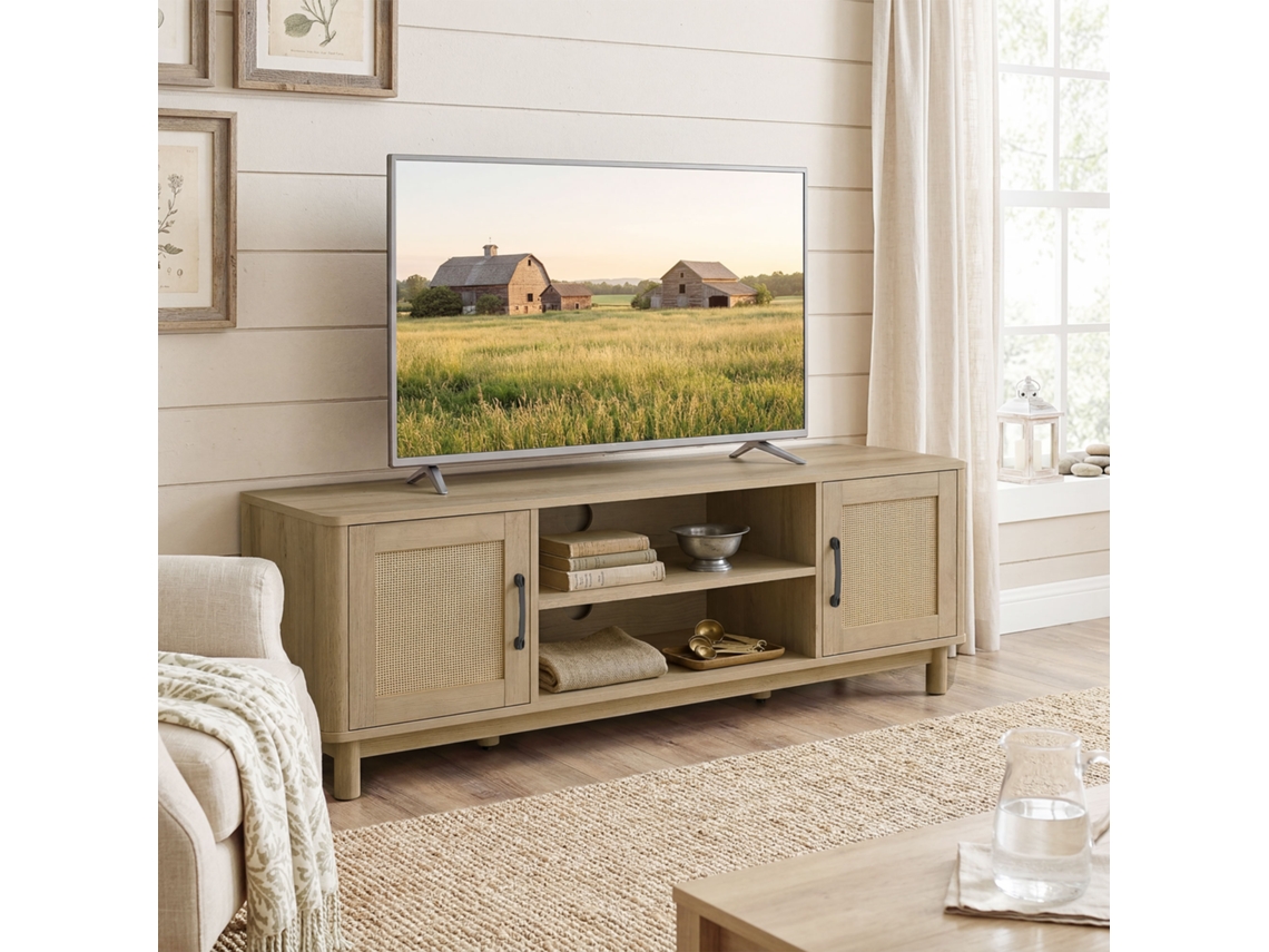 Móvel Para Tv De 135 Cm, Para Televisores De Até 65 Polegadas, Com 2 Portas De Rattan, 2 Compartimentos Abertos, Em Carvalho.