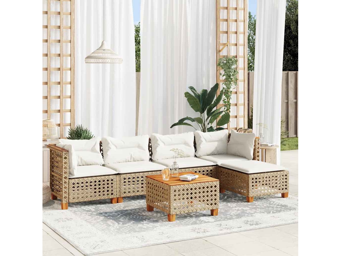 Vidaxl 6 Pcs Conjunto De Sofás P/ Jardim Com Almofadões Vime Pe Bege
