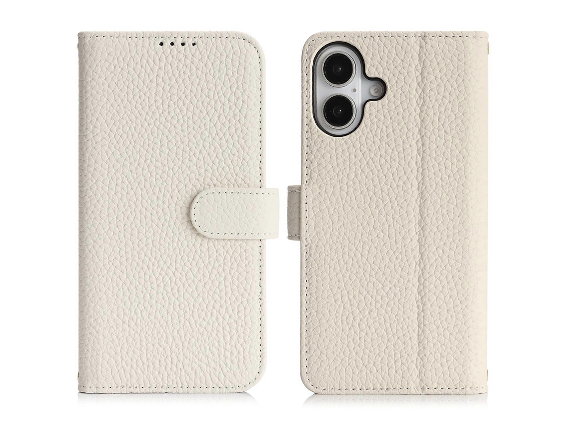 Capa Tipo Carteira Para Iphone 16 Com Textura De Lichia E Couro Bovino Legítimo, Com Bloqueio Rfid, Branca
