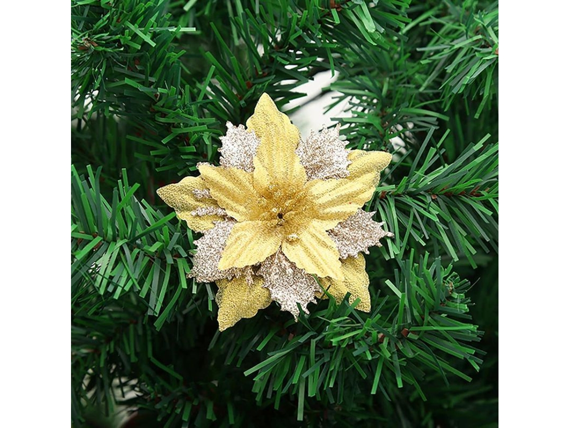 12 enfeites de Natal em formato de flor de poinsétia com glitter champanhe para árvore de Natal