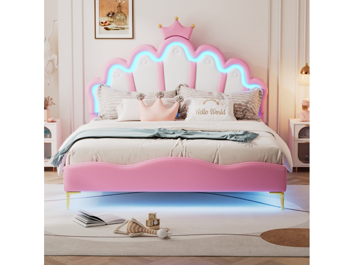 Cama de casal 140x200cm, com coroa, LED, courino, confortável, capacidade 200kg, sem colchão, rosa, KOMHTOM