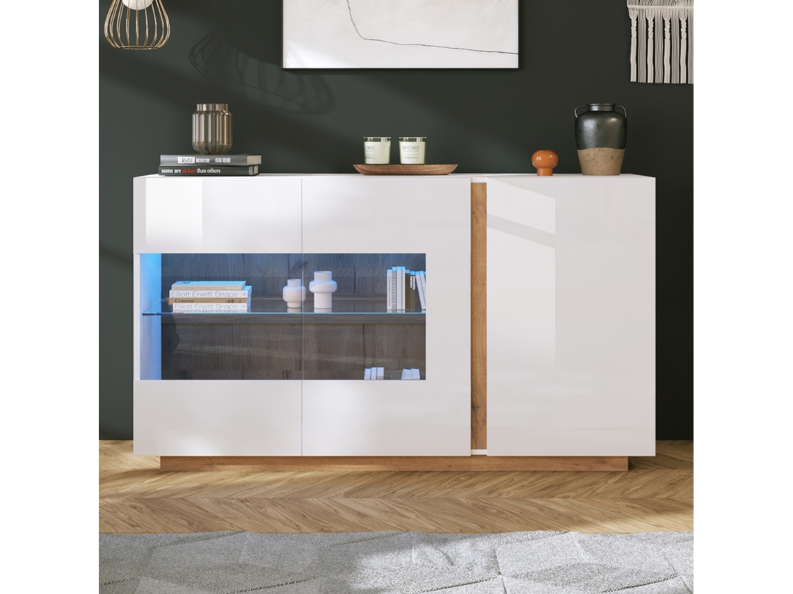 Guarda-roupa Alto Brilho, Cômoda Branca De Aglomerado Com Vidro, Base De Madeira, Armário Para Hall 138x38x90,5cm