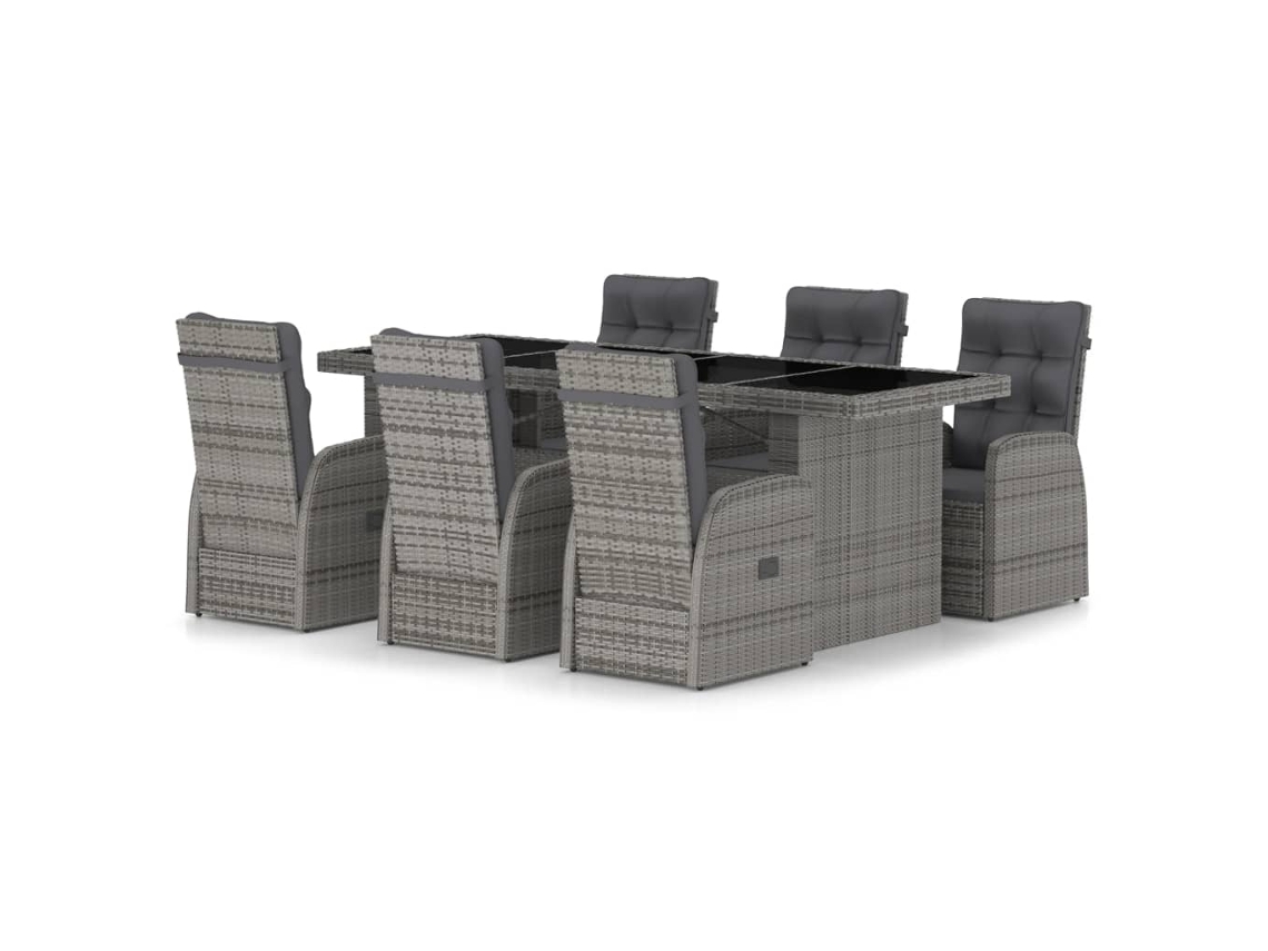 Conjunto 7 jantar exterior com almofadões VIDAXL vime PE cinzento