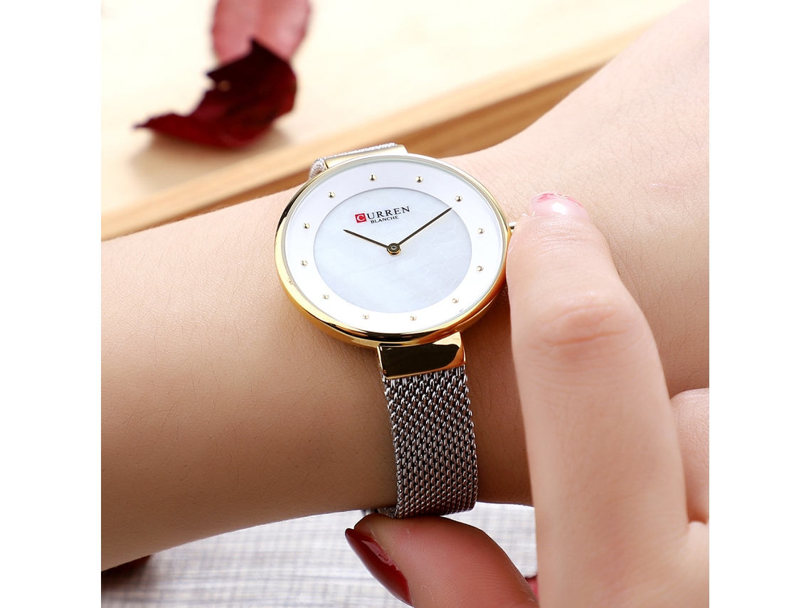 Relógio Feminino de Pulsera de Malha de Aço Inoxidável Analógico Quartzo Resistente À Água