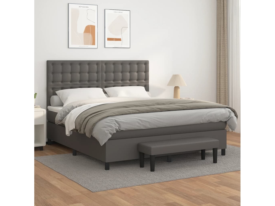 Vidaxl Cama Com Molas/colchão 160x200 Cm Couro Artificial Cinzento